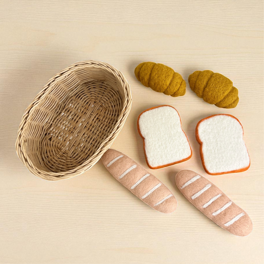 Rattan Basket with Felt Bakery Selection- Set of 7