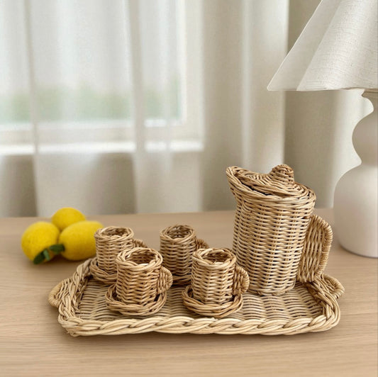 Rattan Lemonade Jug with cups & saucers - Set of 10