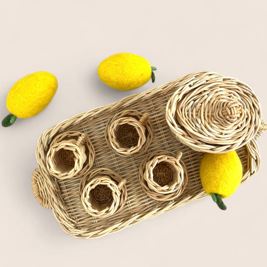 Rattan Lemonade Jug with cups & saucers - Set of 10