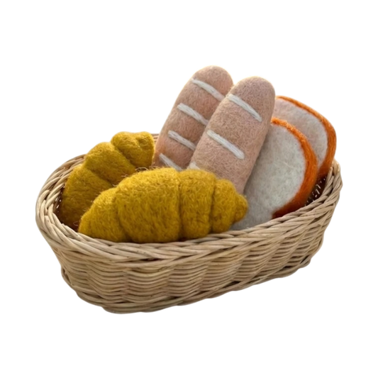 Rattan Basket with Felt Bakery Selection- Set of 7