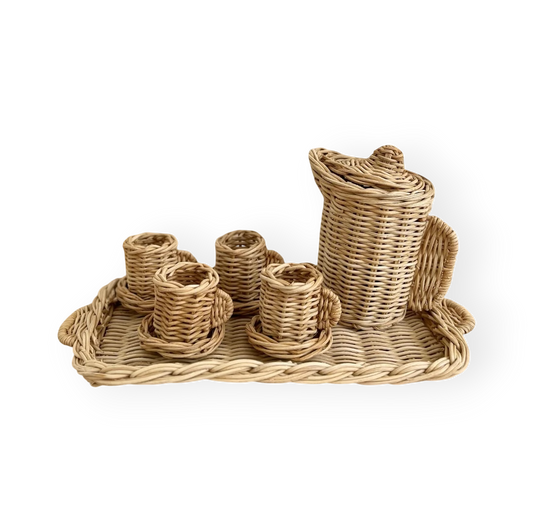 Rattan Lemonade Jug with cups & saucers - Set of 10